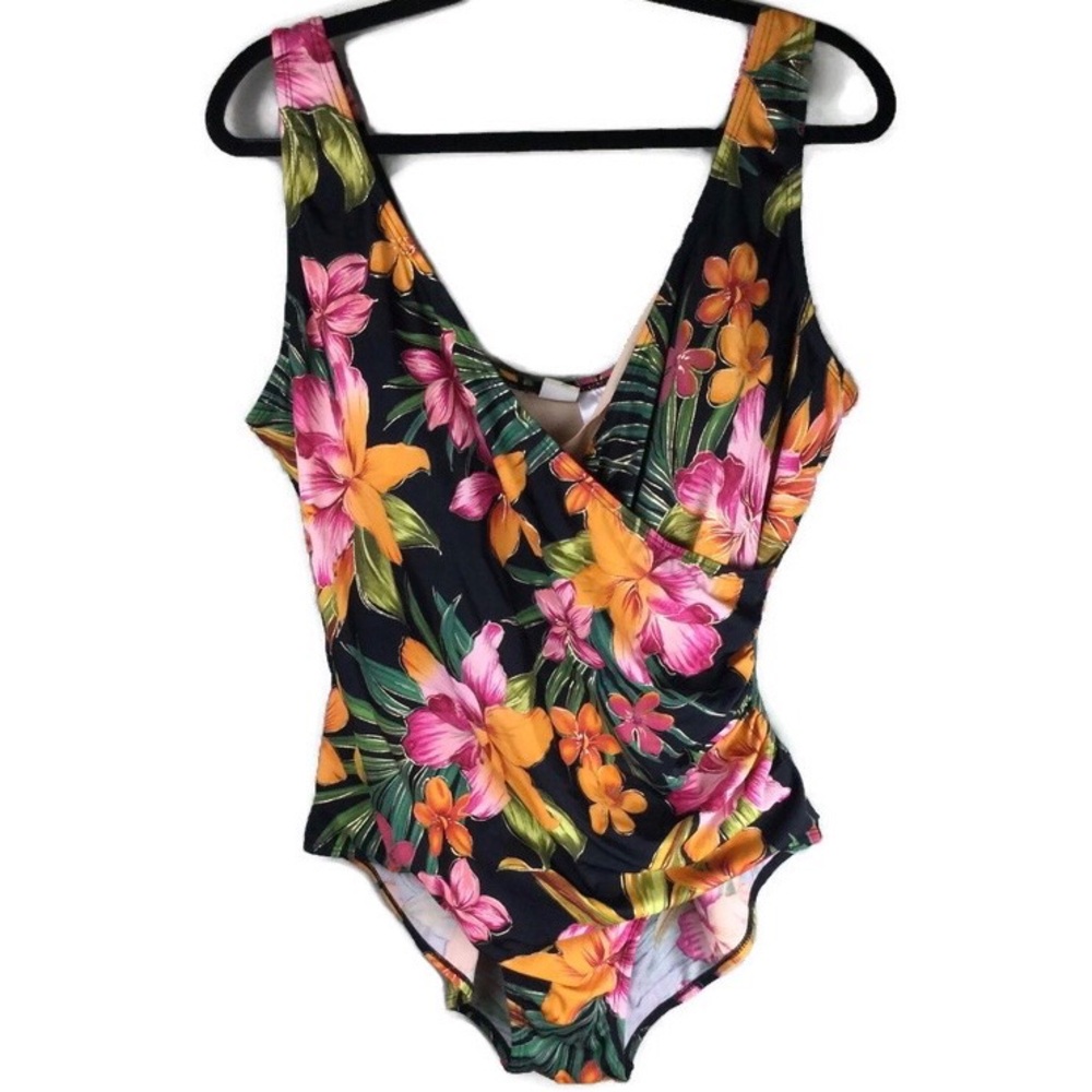 Vintage Islander Tropical Floral Metallic Gold Surplice Ruched Swimsuit Size 22W